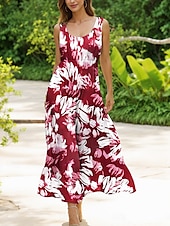 abordables Robes fleuries-Femmes Robe Midi Robe d&#039;Été Robe trapèze Robe à épaules dénudées Vacances Occasionnel Coupe Ample Fleuri Graphique Abstrait Sans manches Col en U Jaune Rouge Bleu Violet Été Printemps