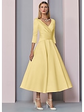 voordelige Vloerlengte-Strand Bruiloft A-Lijn Gouden Jurken Moeder van de Bruid Jurk Bruiloft Gast Elegante Vintage Plus Size V Hals Thee Lengte Satin 3/4 Lengte Mouw met Plissé dress to impress 2025 gratis op maat gemaakt