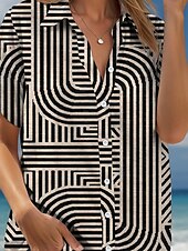 cheap Stripe&amp;Geometric Tops-Women&#039;s Shirt Graphic Geometric Striped Vintage Tropical Daily Sleeveless Short Sleeve Cap Sleeve Shirt Collar Regular Tops Daily White Camel Summer Spring
