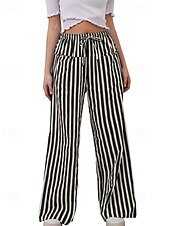voordelige wijde pijpen en hoge taille-Dames broek Broeken Casual Volledige lengte Natuurlijk Gestreept Zak Elastisch ontwerp met trekkoord Comfortabel Voor buiten Uitgaan Weekend Rood Perzik Pauw Blauw Hyacinth Zwart Zomer Normale pasvorm