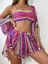 olcso Bikiniszettek-Női Fürdőruha Bikini Három darab Fürdőruha Fringe Hem Hawaii Strandruházat Csíkos U-alakú Rövid ujjú Fürdőruhák