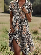 preiswerte Blumenkleid-Damen Minikleid A Linie Kleid Sommerkleid Urlaub Lässig Boho Täglich Normale Passform Blumen Grafik Kurzarm Revers Dunkelbraun Rote Blau Grün Sommer