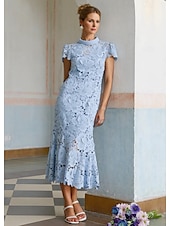 abordables Robes de cocktail-Robe Cocktail Colonne Jaune Bleue Élégante Robe Brodée Mariage Formelle Longueur Cheville Manches Courtes Col Montant Dentelle avec Fente