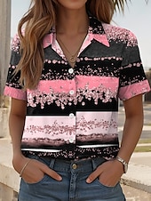 preiswerte Damen Kunst- und Design-Oberteile-Damenhemd Langarm Bluse Knopfdown Grafik Geometrisch Täglich Lässig Kurzarm Hemdkragen Reguläre Oberteile Täglich Pink Blau Grün Sommer Frühling