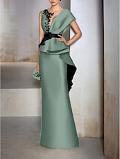 abordables JAUNE-Robe de soirée fourreau élégante robe formelle invitée à un mariage longueur sol manches courtes décolleté en V en satin avec volants broderies et appliqués 2025
