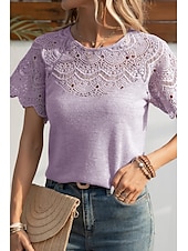 abordables Hauts en dentelle-Femmes Chemisier Hauts en dentelle Uni Occasionnel Manche Courte Col ras du cou Hauts Réguliers Quotidien Fête Sortir Dentelle Noir Blanche Violet Été