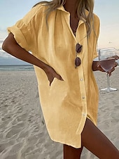 cheap Shirts-Women&#039;s Shirt Boho Shirt Linen-Inspired Shirts Button Up Plain Casual Beach Short Sleeve Shirt Collar Regular Tops Black White Yellow Pink Sky Blue Summer