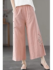 economico Pantaloni in lino e cotone semplici-Per donna Pantaloni in cotone e lino Moda Streetwear Lunghezza intera Naturale Floreale Ricamato Tasca Elastico in vita Comodo All&#039;aperto Confortevole All&#039;aperto Vacanza Ferie Aalbicocca Blu cielo