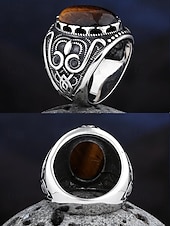 abordables Bijoux pour hommes-Bague vintage en acier inoxydable pour homme avec pierre œil de tigre, design tribal en argent antique, bague audacieuse, adaptée aux occasions décontractées et formelles