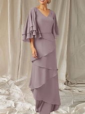 economico Lunghezza del pavimento-Abito Due Pezzi A-Line Madre della Sposa Ospite Matrimonio Elegante Inclusa Fascia V Collo Lunghezza del Pavimento Chiffon Manica Mezza Fascia Inclusa con Volant
