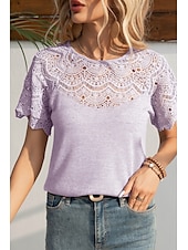 abordables Hauts en dentelle-Femmes Chemisier Hauts en dentelle Uni Occasionnel Manche Courte Col ras du cou Hauts Réguliers Quotidien Fête Sortir Dentelle Noir Blanche Violet Été