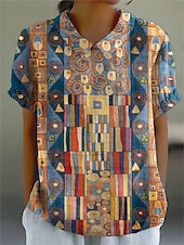ieftine Topuri de artă și design pentru femei-Pentru femei Cămașă Geometric Bloc Culoare Stilat Modern Manșon scurt Guler Cămașă Topuri obișnuite Zilnic Concediu Imprimeu Negru Albastru piscină Albastru celest Portocaliu Kaki Vară