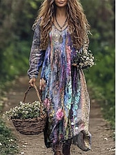 voordelige Bloemenjurken-Dames Maxi-jurk Zonnejurk Geplooide jurk Vakantie Casual Boho Uitgaan Strand Ruim Passend Bloemig Grafisch Lange mouw V-hals blauw Licht Blauw-Wit Amethist Zomer Lente