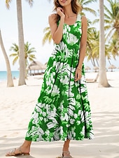 abordables Robes fleuries-Femmes Robe Midi Robe d&#039;Été Robe trapèze Robe à épaules dénudées Vacances Occasionnel Coupe Ample Fleuri Graphique Abstrait Sans manches Col en U Jaune Rouge Bleu Violet Été Printemps