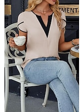 abordables Hauts Unis pour Femmes-Femmes Chemisier Bloc de Couleur Moderne Occasionnel Manche Courte Col en V Hauts Réguliers Fête Sortir Patchwork Noir Blanche Vert Abricot Été
