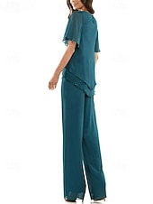 abordables Costumes-pantalons pour maman-Combinaison deux pièces  Robe de mère de la mariée élégante à encolure ras du cou en chiffon à manches courtes avec broderie en dentelle et volants en cascade
