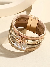 abordables Bracelet pour femme-Bracelet magnétique en similicuir pour femme – Bracelet manchette en alliage avec breloque cœur et perle et texte inspirant, bijou tendance style bohème, idéal pour la fête des mères, les anniversaires et les tenues décontractées.