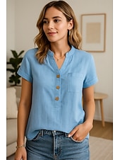 voordelige Overhemden-Dames Knoop omhoog Katoenen linnen overhemd Effen Stijlvol Modern Korte mouw V-hals Normale tops Dagelijks Feestdagen Knop Rood blauw Zomer
