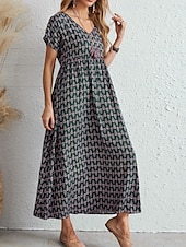 tanie Sukienka w paski i geometryczna-Damskie Sukienka maxi Sukienka A line Letnie sukienki Codzienny Codzienny Regularny Graficzny Geometryczny Krótki rękaw W serek Czarny Wino Czerwony Zielony Lato