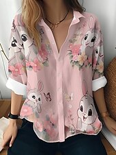 Easter Women's Shirt Button Down Tunic Shirt Collar Long Sleeve Floral Graphic Paisley Cute Casual Regular Tops Work Daily s Print Pink Spring Fall4