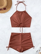 voordelige Bikinisets-Dames Zwemkleding Bikini 2 stuks Zwempak Blote rug Strand Kleding Zomer Effen Kleur Halternek Mouwloos Badpakken