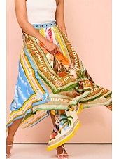 preiswerte Grafische Röcke-Damen Rock Lässig Boho Maxi Mittlere Hüfthöhe Röcke Blumen Druck Asymmetrischer Saum Mikroelastisch Straße Ausgehen Grün Sommer Polyester