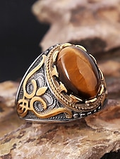 abordables Bijoux pour hommes-Bague vintage en acier inoxydable pour homme avec pierre œil de tigre, design tribal en argent antique, bague audacieuse, adaptée aux occasions décontractées et formelles