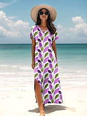 preiswerte Blumenkleider-Damen Maxikleid Sommerkleid A Linie Kleid Urlaub Lässig Täglich Normale Passform Blumen Grafik Kurzarm V Ausschnitt Blau Purpur Grün Sommer