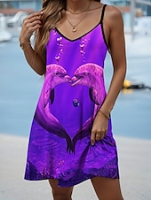 economico Animali Vestiti-Sea of Hearts di Vincent Hie, mini abito da donna, a trapezio, sottoveste, casual, per uscire, con stampa animalier, senza maniche, scollo a U, viola, estate e primavera.