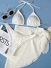 abordables Ensemble bikini 3 pièces-Femmes Maillots de Bain Bikini Trois Pièces Maillot de bain Dos nu Tropical Tenues de plage Uni Col Halter Sans manches Maillots de bain