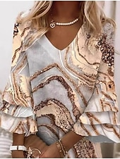 cheap Art&amp;Design Dress-Women&#039;s Mini Dress Sundress A Line Dress Summer Dress Vacation Casual Daily Holiday Tea Party Regular Fit Ombre Floral Graphic 3/4 Length Sleeve V Neck Light Brown Summer Spring