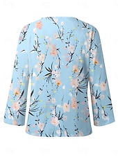 voordelige Bloemen tops-Dames Overhemd Bloemig Grafisch Elegant Casual Lange mouw V-hals Normale tops Dagelijks Feestdagen Afdrukken Rood blauw Zomer Lente