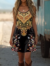 preiswerte Boho Kleider-Damen Boho Kleid Western Kleid Vintage Mini Kleid A-Linien Kleid Sommerkleid Off-Shoulder Kleid Urlaub Lässiges Feiertagskleid Reguläre Passform Ombre Grafik Abstrakt Ärmellos U-Ausschnitt Gelb Sommer