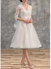 economico Abiti da sposa-Mini Abiti Bianchi per Fidanzamento Abiti da Sposa A-Line Scollo a V Manica 3/4 Lunga Fino al Ginocchio in Raso con Fascia  Applicazioni