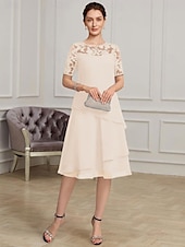 abordables Longueur du thé-Robe mère de la mariée A-Line élégante formelle à col bijou longueur thé en chiffon à courte manche avec dentelle taille sur mesure gratuite