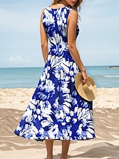 abordables Robes fleuries-Femmes Robe Midi Robe d&#039;Été Robe trapèze Robe à épaules dénudées Vacances Occasionnel Coupe Ample Fleuri Graphique Abstrait Sans manches Col en U Jaune Rouge Bleu Violet Été Printemps
