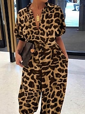 preiswerte Urlaubsoverall-Frauen Jumpsuit Aktiv Leopard Halbarm Hemd Kragen Hoch geschnitten Urlaub Täglich Regelmäßiger Schnitt Schwarz Braun Khaki Sommer
