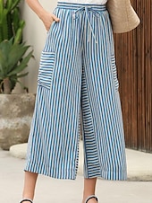 abordables jambe large et taille haute-Femmes Slacks Pantalons Streetwear Occasionnel Longueur complète Naturel Rayé Avec Poches Conception à cordon élastique Confortable Extérieur Rue Sortir Rouge orangé Bleu ciel clair Marine fonc