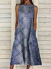 preiswerte Kunst &amp; Design Kleid-Damen Midikleid Sommerkleid A Linie Kleid Urlaub Lässig Cocktail Täglich Ferien Sommerkleid Normale Passform Grafik Geometrisch Ärmellos Rundhalsausschnitt Marineblau Königliches Blau Blau Himmelblau