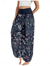 economico Pantaloni in cotone e lino con grafica-Per donna Pantaloni ispirati al lino Gamba larga Pantaloni Stile Etnico Casual Boho Lunghezza intera Vita Alta Floreale Foglia Tropicale Tasca Elastico in vita Stampa Traspirabilità Morbido