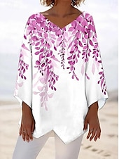 billige Blomstrete topper-Dame Bluse Blomstret Grafisk Blad Hawaiisk Stilfull Fritid Langermet V-hals Vanlige topper Daglig Ferie Ut på byen Trykt mønster Rosa Blå Grønn Sommer Vår