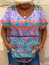 billige Boho t-skjorte-Dame T skjorte Grafisk Geometrisk Fargeblokk Stilfull Fritid Kortermet V-hals Vanlige topper Daglig Ut på byen Helg Trykt mønster Gul Rosa Lilla Sommer Vår