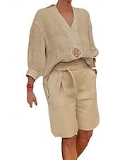 preiswerte Sets-Damen Mode Streetwear Hemd Baumwoll-Leinen-Sets Zweiteilige Sets Strandshorts Kurzarm V Ausschnitt Einfarbig Kordelzug Alltagskleidung Date Blau Khaki Grau Sommer Normale Passform