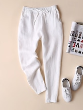 baratos Calça de linho de algodão simples-Mulheres Calças de linho de algodão Calças Calças Harem Casual Comprimento total Natural Tecido Bolsos Design de cordão elástico Exterior Confortável Rua Roupa Diária Adamascado Preto Branco Rosa