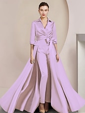 billige Mammas jumpsuits-To-delt jumpsuit/buksedress mor til bruden formell bryllupsgjest elegant skjortekrage ankel lengde sateng halv erme med sløyfe(r) gratis tilpasset størrelse