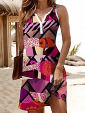 billige Kunst og Design Kjoler-Dame Mini kjole Solkjole Skiftkjole Off The Shoulder-kjole Ferie Fritid utendørs Ut på byen Normal Grafisk Geometrisk Abstrakt Ermeløs V-hals Oransje Sommer Vår