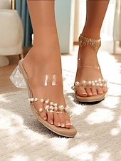 preiswerte Urlaubsandalen-Damen-Pumps aus transparentem PVC mit Perlenakzenten und Blockabsatz, perfekt für Hochzeiten und formelle Anlässe