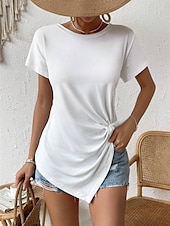abordables T-shirt uni-T-shirt femme de couleur unie Uni Mode Classique Décontracté Manches courtes Col rond Hauts réguliers Quotidien Week-end Asymétrique Noir Blanc Vert armée Bleu marine Été