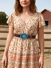 رخيصةأون حزام نسائي-حزام نسائي غربي فيروزي اللون - حزام خصر من الجلد الصناعي منقوش بالورود للروديو والمهرجانات وأزياء البوهو والملابس الكاجوال