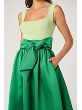 economico VERDE-Abito da Sera A-Line Abito in Stile Celebrità Abito Formale Ospite di Matrimonio Lunghezza Completa Senza Maniche Collo Quadrato Cintura  Nastro Top a Coste Raso Gonna con Fiocco(i)